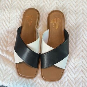 Charlotte Stone “Kim” slide sandals in Ink (black and white)